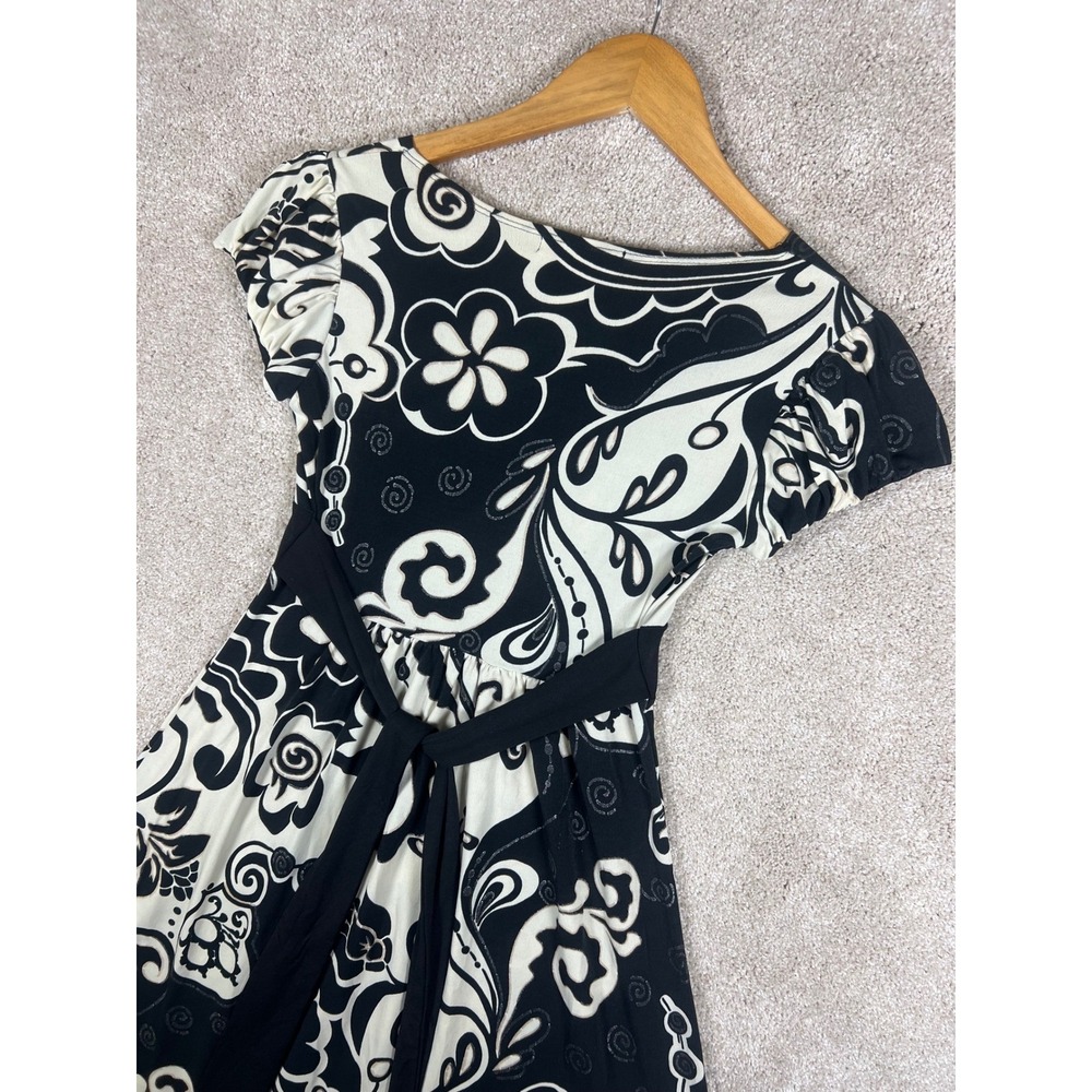 Y2K Black White Floral Dress Short Sleeve V Neck S BOHO Fit & Flare Retro - Picture 6 of 10